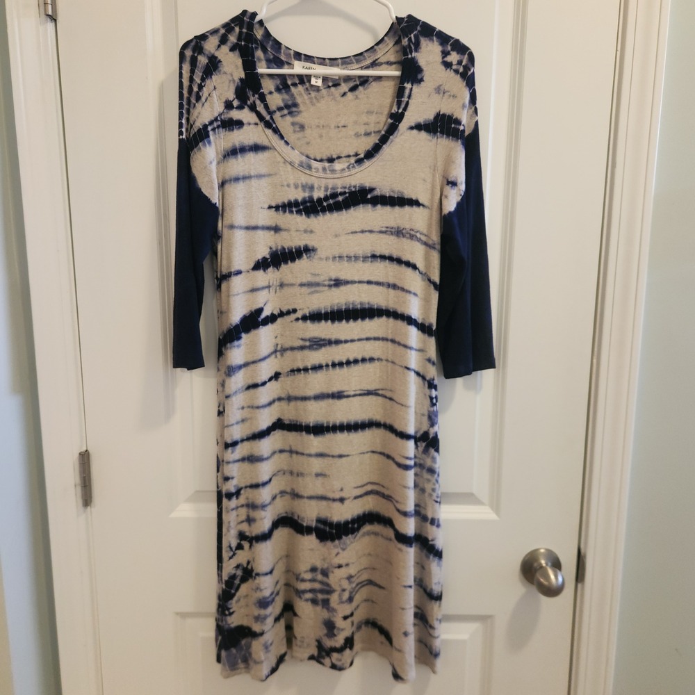 Karen Kane Shibori Tie Dye Midi Dress Navy Blue Cream 3/4 Sleeve Size M